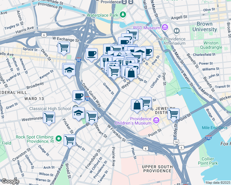 map of restaurants, bars, coffee shops, grocery stores, and more near One Weybosset Street in Providence