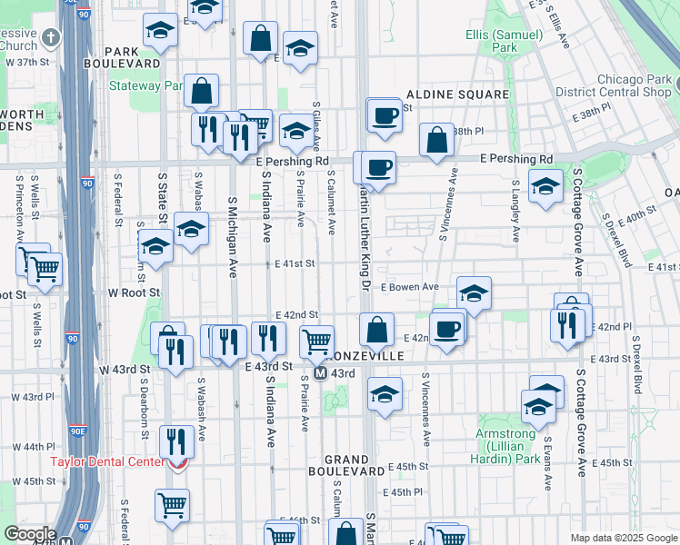 map of restaurants, bars, coffee shops, grocery stores, and more near 4101 South Calumet Avenue in Chicago