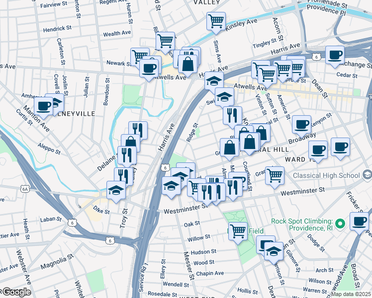 map of restaurants, bars, coffee shops, grocery stores, and more near 25 Tobey Street in Providence