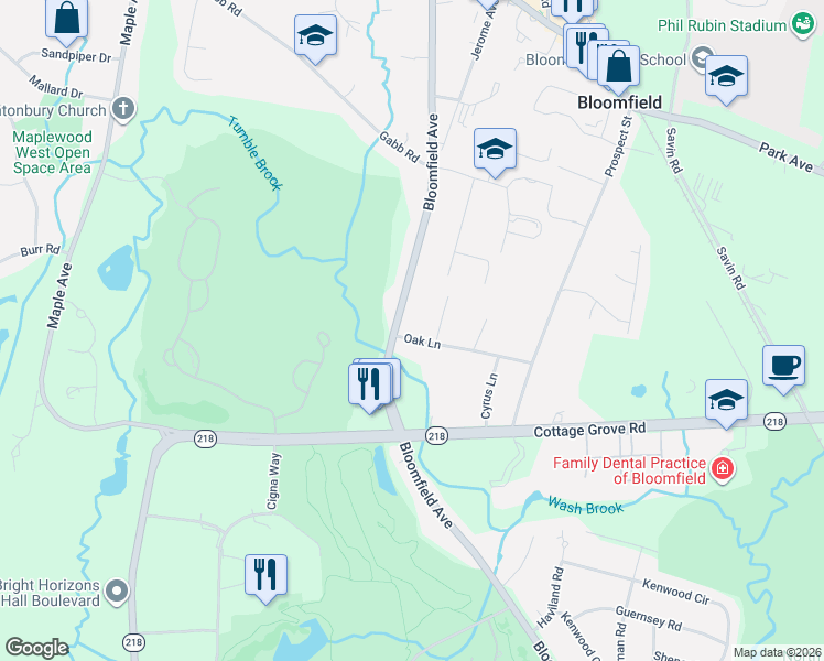 map of restaurants, bars, coffee shops, grocery stores, and more near 29 Oak Lane in Bloomfield