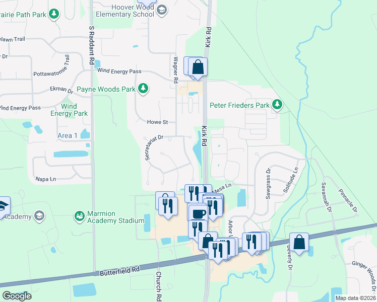 map of restaurants, bars, coffee shops, grocery stores, and more near 3149 Preakness Drive in Aurora