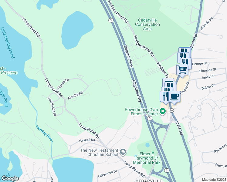map of restaurants, bars, coffee shops, grocery stores, and more near 90 Alewife Road in Plymouth