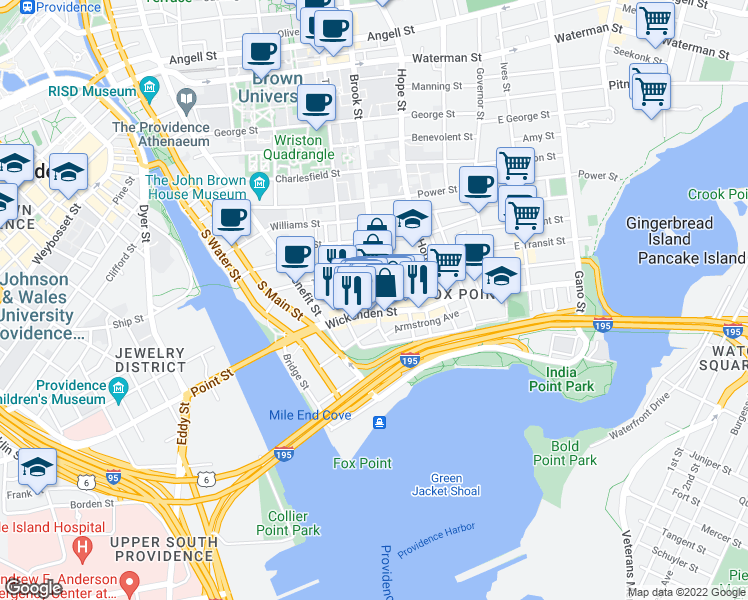 map of restaurants, bars, coffee shops, grocery stores, and more near 122 Brook Street in Providence