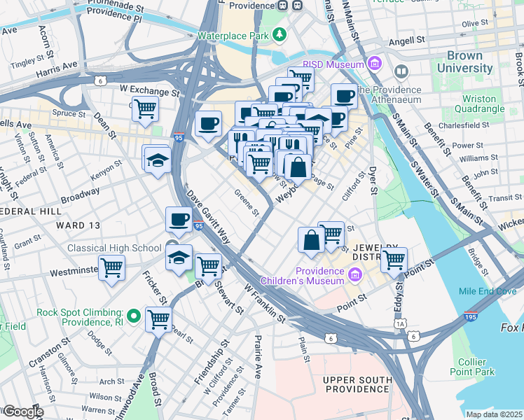 map of restaurants, bars, coffee shops, grocery stores, and more near One Weybosset Street in Providence