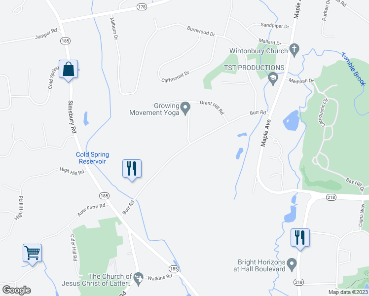 map of restaurants, bars, coffee shops, grocery stores, and more near Burr Road in Bloomfield