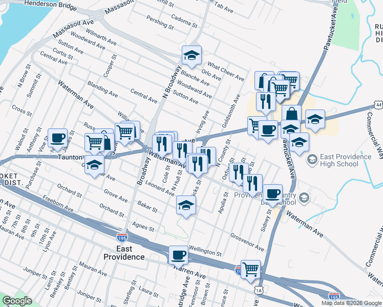 map of restaurants, bars, coffee shops, grocery stores, and more near 22 Carlton Avenue in East Providence