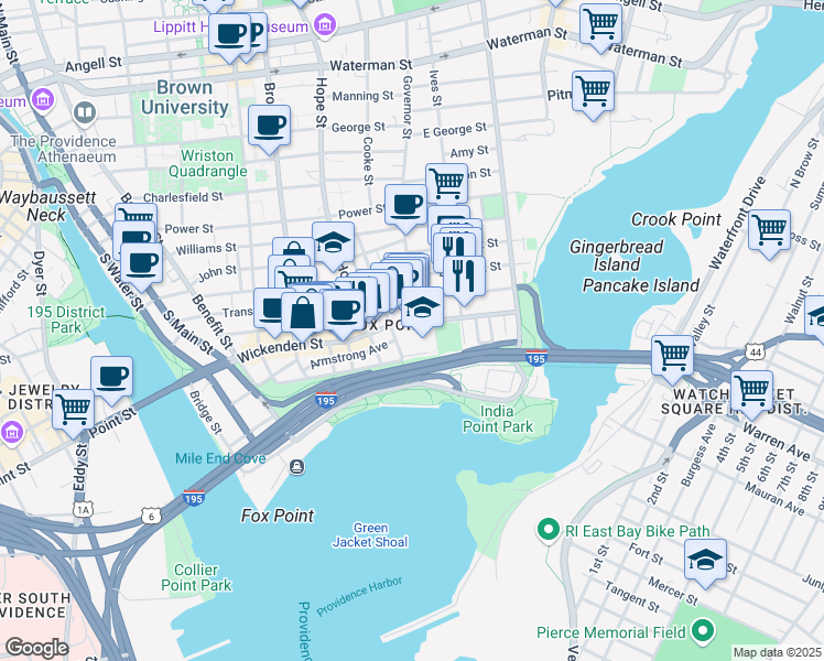 map of restaurants, bars, coffee shops, grocery stores, and more near in Providence