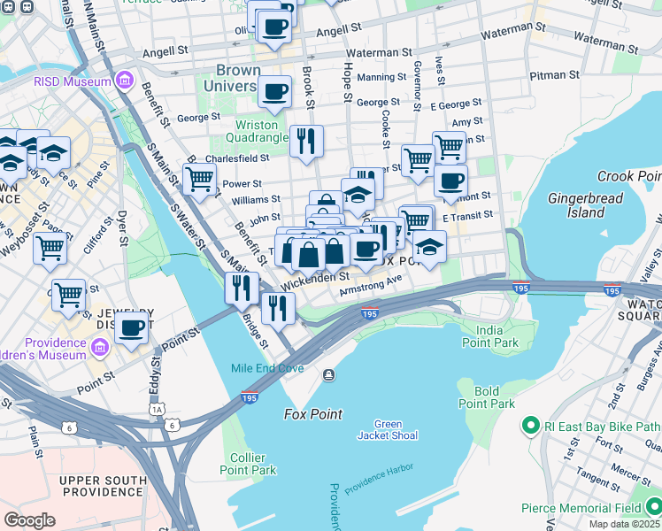 map of restaurants, bars, coffee shops, grocery stores, and more near 128 Brook Street in Providence
