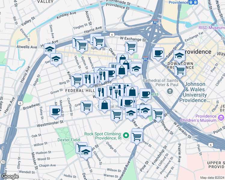 map of restaurants, bars, coffee shops, grocery stores, and more near 21 Battey Street in Providence
