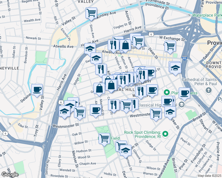 map of restaurants, bars, coffee shops, grocery stores, and more near 195 Knight Street in Providence