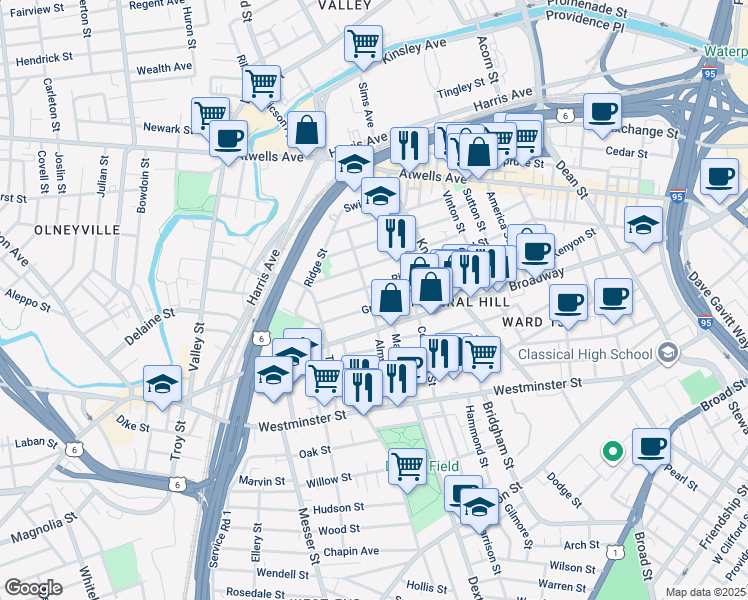 map of restaurants, bars, coffee shops, grocery stores, and more near 119 Grove Street in Providence