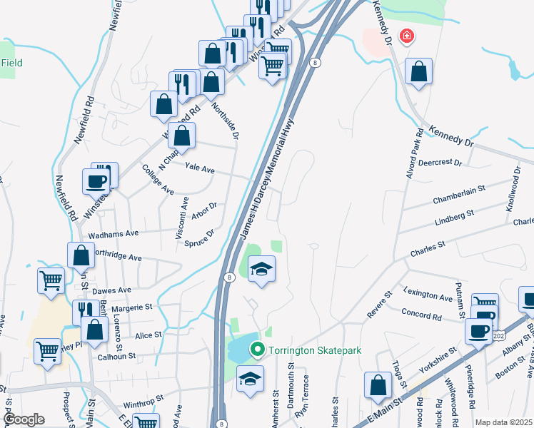 map of restaurants, bars, coffee shops, grocery stores, and more near 71 Terrace Drive in Torrington
