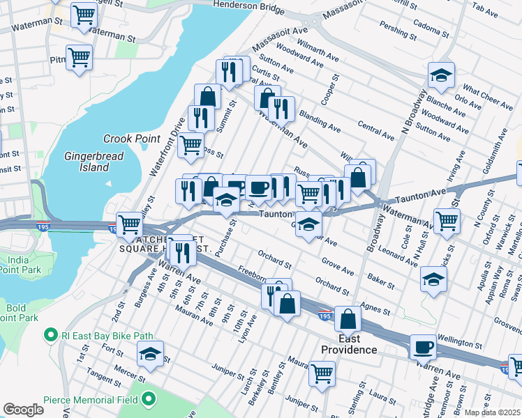 map of restaurants, bars, coffee shops, grocery stores, and more near 15 Ivy Street in East Providence