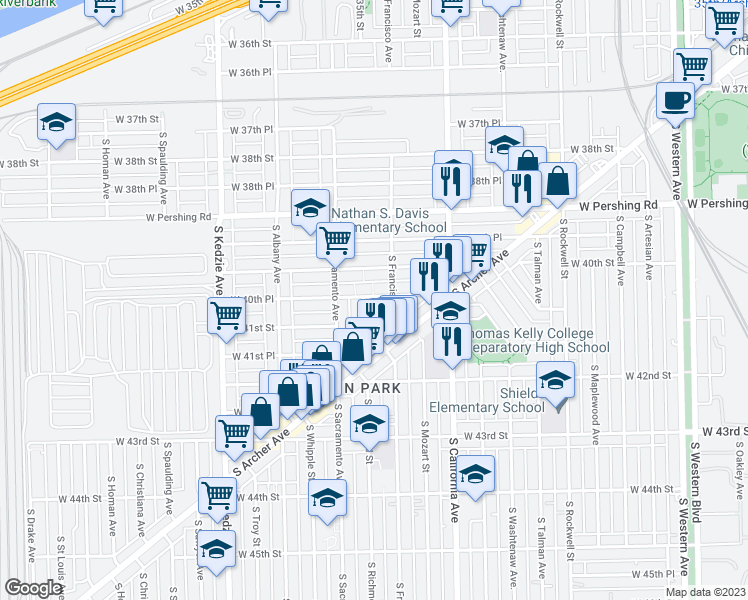 map of restaurants, bars, coffee shops, grocery stores, and more near 2919 West 40th Place in Chicago