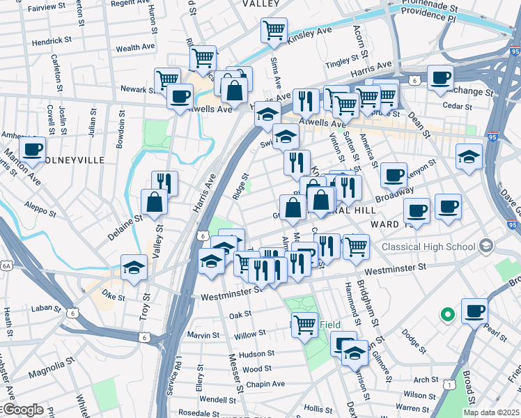 map of restaurants, bars, coffee shops, grocery stores, and more near 102 Ring Street in Providence