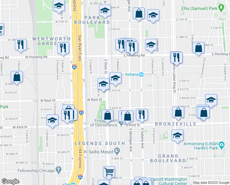 map of restaurants, bars, coffee shops, grocery stores, and more near 4102 South Wabash Avenue in Chicago