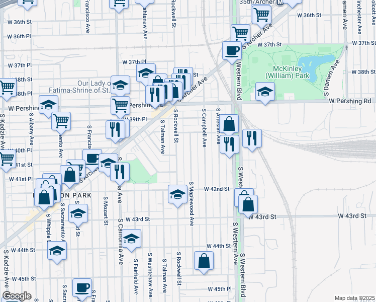 map of restaurants, bars, coffee shops, grocery stores, and more near 4034 South Maplewood Avenue in Chicago