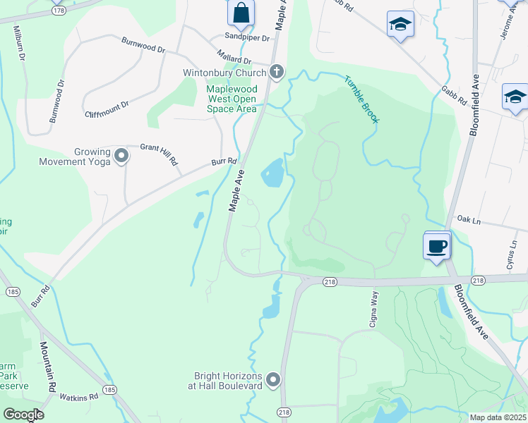 map of restaurants, bars, coffee shops, grocery stores, and more near 18 Colonial Drive North in Bloomfield