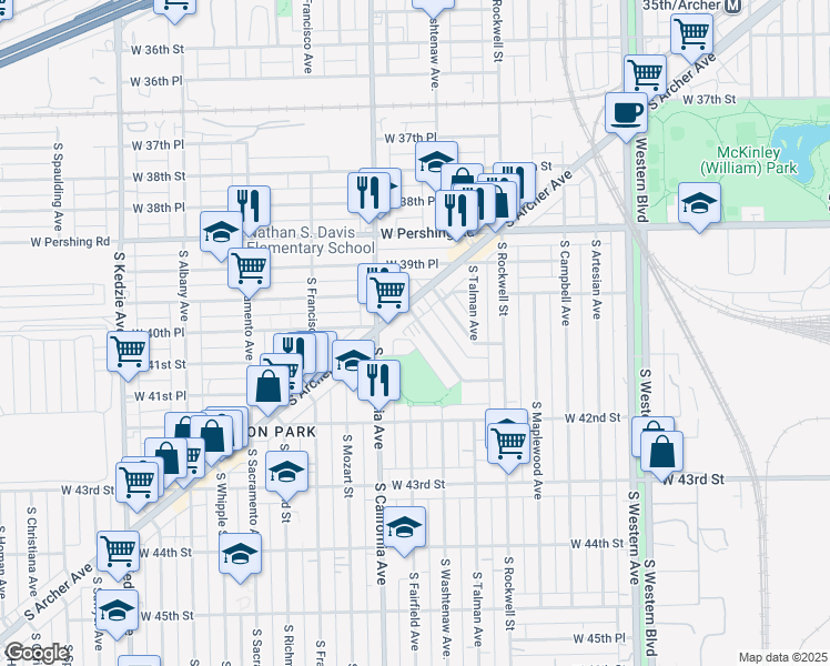 map of restaurants, bars, coffee shops, grocery stores, and more near 4024 South Montgomery Avenue in Chicago