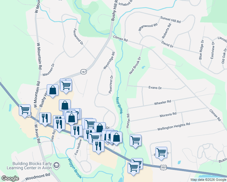 map of restaurants, bars, coffee shops, grocery stores, and more near 12 Pinecrest Drive in Simsbury
