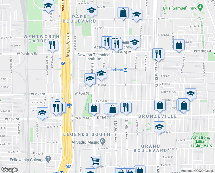 map of restaurants, bars, coffee shops, grocery stores, and more near 4105 South Wabash Avenue in Chicago