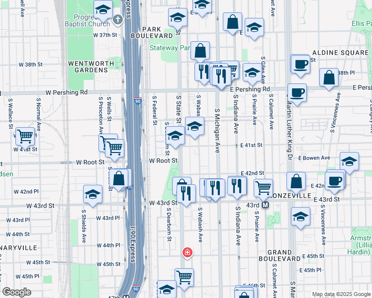 map of restaurants, bars, coffee shops, grocery stores, and more near 4102 South Wabash Avenue in Chicago