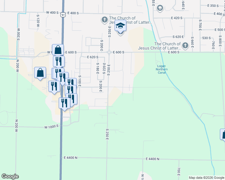 map of restaurants, bars, coffee shops, grocery stores, and more near 856 South 250 East in Smithfield