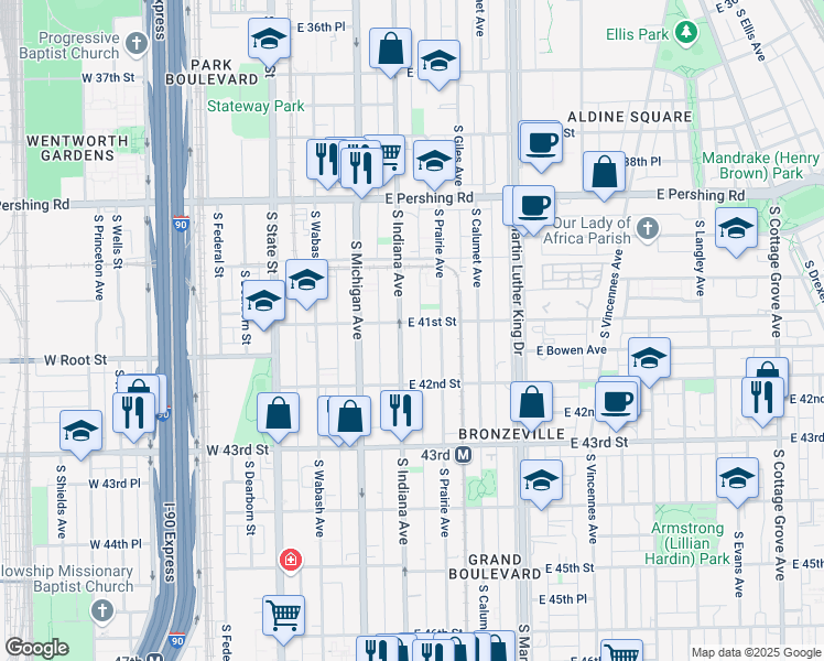 map of restaurants, bars, coffee shops, grocery stores, and more near 4105 South Indiana Avenue in Chicago