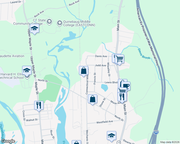 map of restaurants, bars, coffee shops, grocery stores, and more near 110 Connecticut Mills Avenue in Killingly