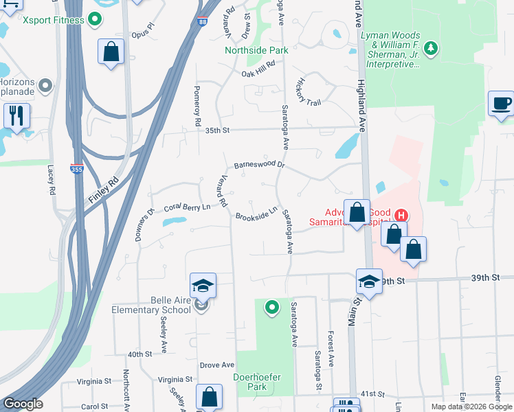 map of restaurants, bars, coffee shops, grocery stores, and more near 3673 Duchess Court in Downers Grove
