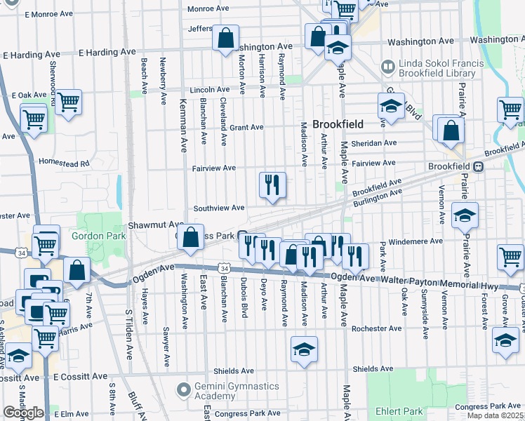 map of restaurants, bars, coffee shops, grocery stores, and more near 9349 Southview Avenue in Brookfield