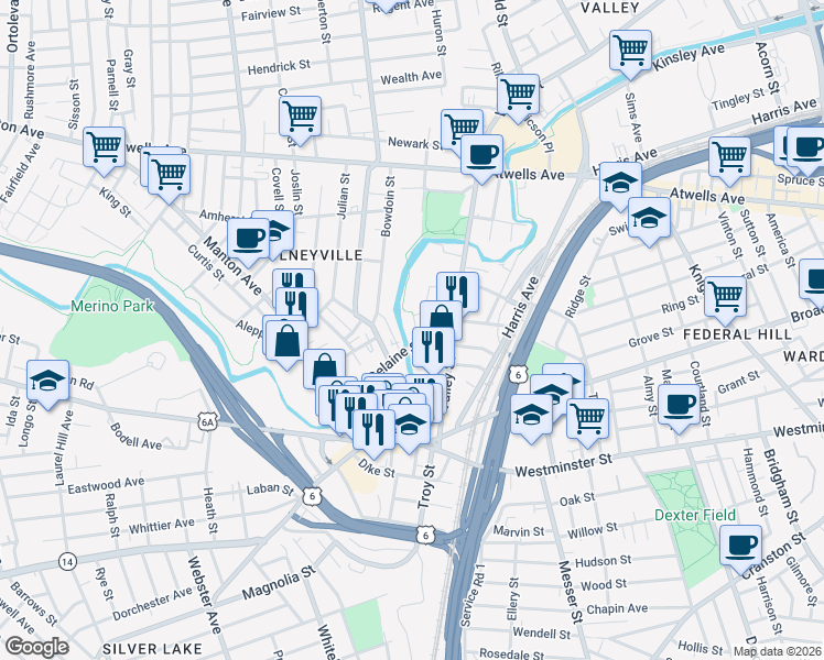 map of restaurants, bars, coffee shops, grocery stores, and more near 28 Sonoma Court in Providence