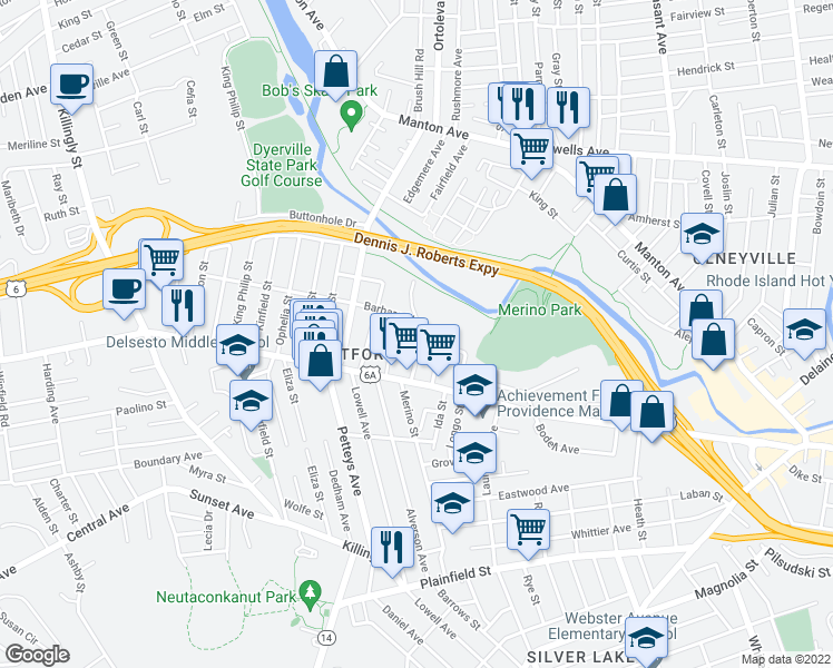 map of restaurants, bars, coffee shops, grocery stores, and more near 42 Ponagansett Avenue in Providence