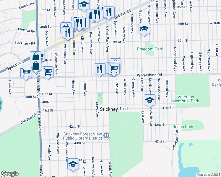 map of restaurants, bars, coffee shops, grocery stores, and more near 3937 Oak Park Avenue in Stickney