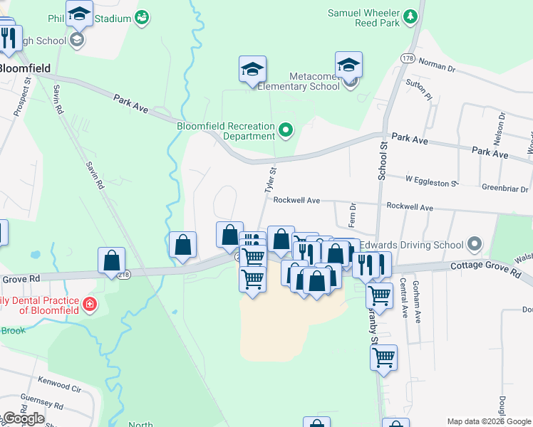 map of restaurants, bars, coffee shops, grocery stores, and more near 38 Tyler Street in Bloomfield