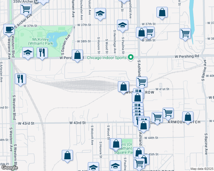 map of restaurants, bars, coffee shops, grocery stores, and more near 4102 South Ashland Avenue in Chicago