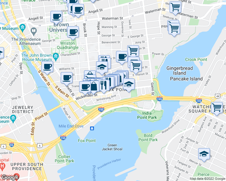map of restaurants, bars, coffee shops, grocery stores, and more near 398 Wickenden Street in Providence