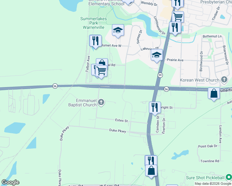 map of restaurants, bars, coffee shops, grocery stores, and more near 30W221 Butterfield Road in Naperville