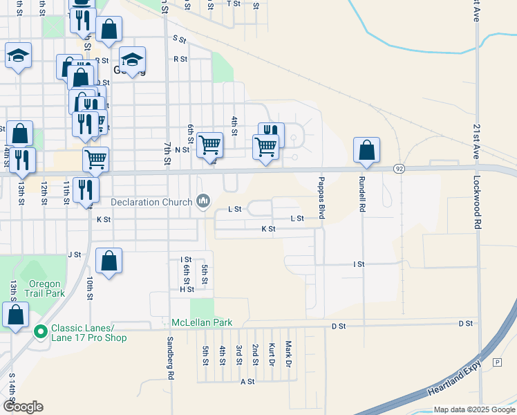 map of restaurants, bars, coffee shops, grocery stores, and more near 335 L Street in Gering