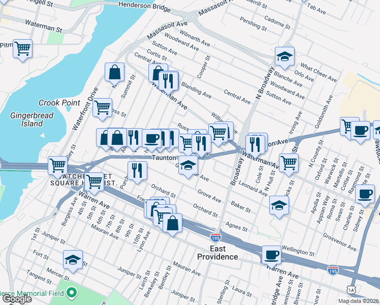 map of restaurants, bars, coffee shops, grocery stores, and more near 222 Taunton Avenue in East Providence