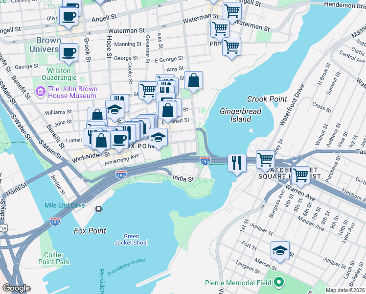 map of restaurants, bars, coffee shops, grocery stores, and more near 39 Schofield Street in Providence