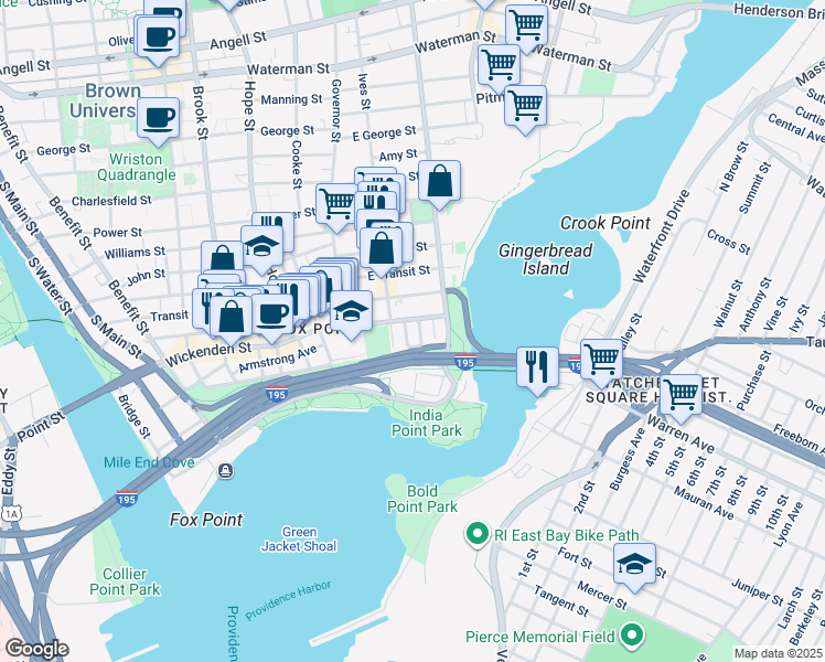 map of restaurants, bars, coffee shops, grocery stores, and more near 39 Schofield Street in Providence