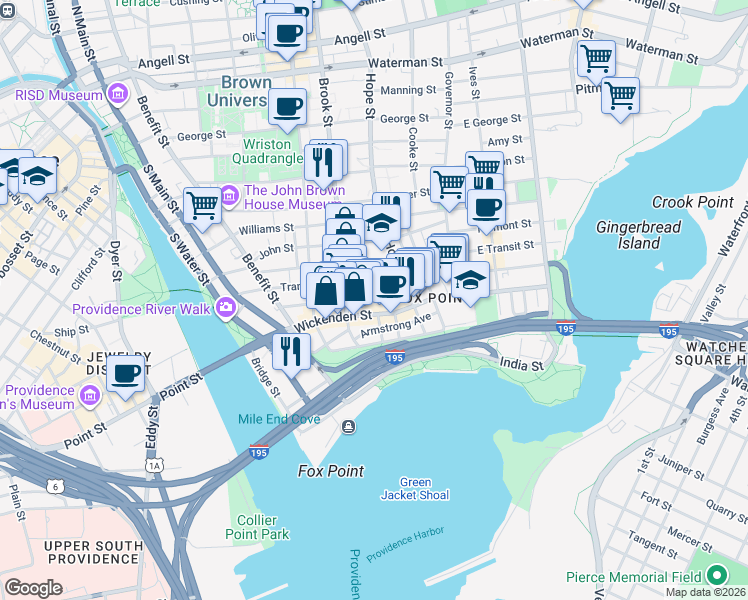 map of restaurants, bars, coffee shops, grocery stores, and more near 105 Sheldon Street in Providence