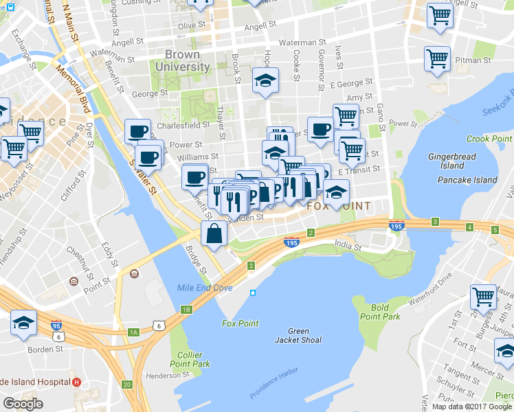 map of restaurants, bars, coffee shops, grocery stores, and more near 128 Brook Street in Providence
