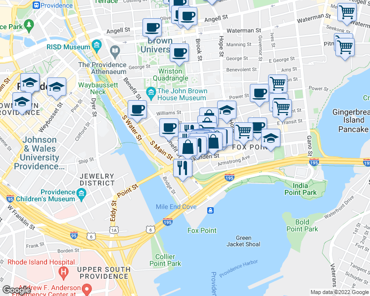map of restaurants, bars, coffee shops, grocery stores, and more near 32 Sheldon Street in Providence