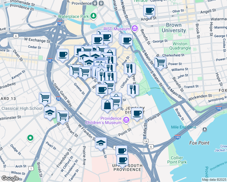 map of restaurants, bars, coffee shops, grocery stores, and more near 150 Richmond Street in Providence