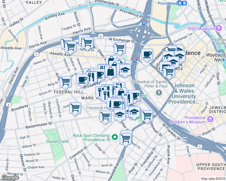 map of restaurants, bars, coffee shops, grocery stores, and more near 8 Cargill Street in Providence