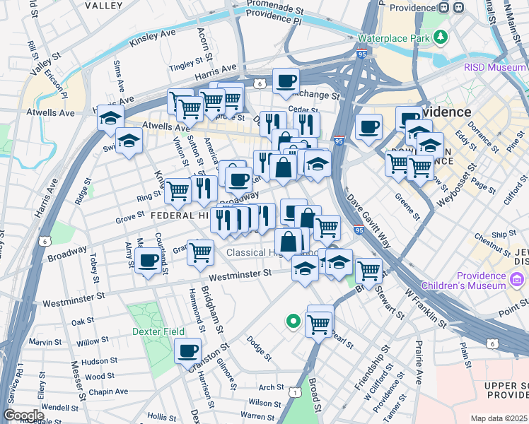 map of restaurants, bars, coffee shops, grocery stores, and more near 3 Pallas Street in Providence