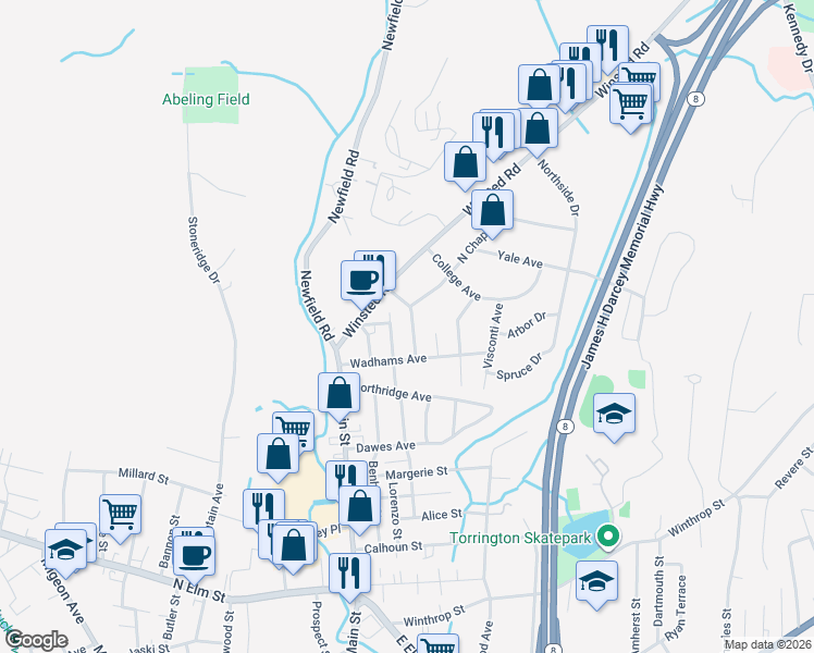 map of restaurants, bars, coffee shops, grocery stores, and more near 49 Chelton Street in Torrington