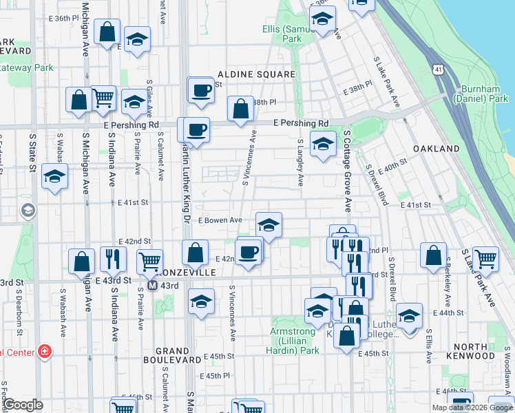 map of restaurants, bars, coffee shops, grocery stores, and more near 535 East 41st Street in Chicago